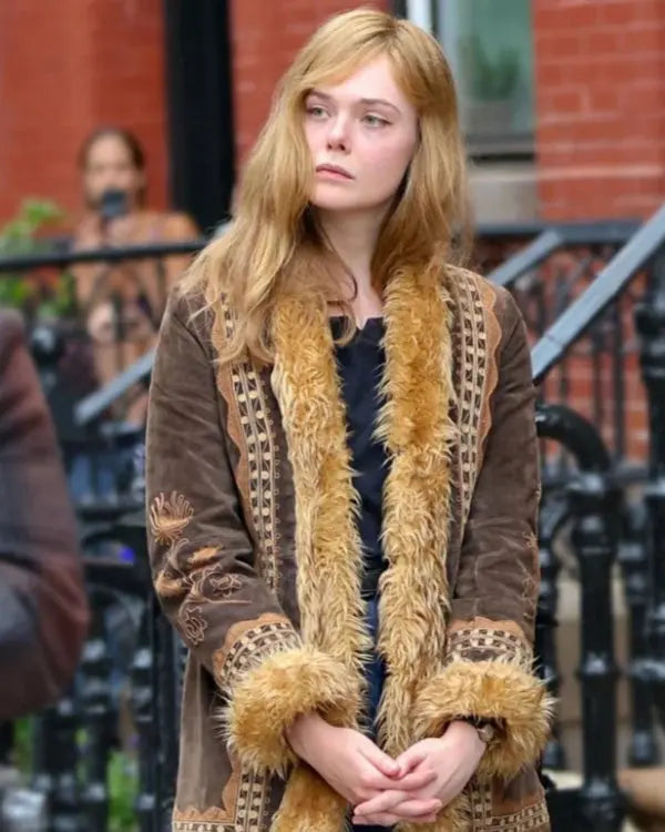 A Complete Unknown 2024 Elle Fanning Suede Fur Jacket - California Jacket