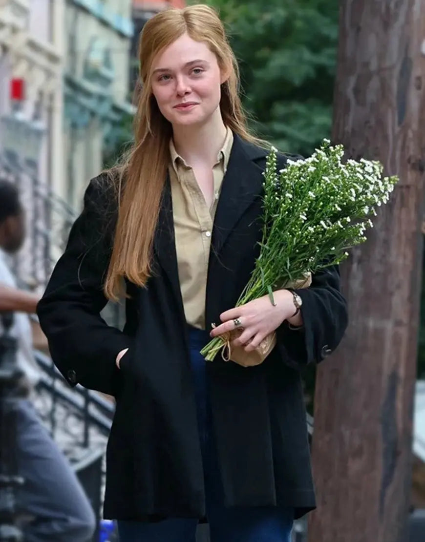 A Complete Unknown 2024 Elle Fanning Black Coat - California Jacket