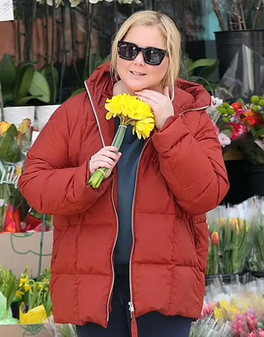 Kinda Pregnant 2025 Amy Schumer Red Puffer Hooded Jacket - California Jacket