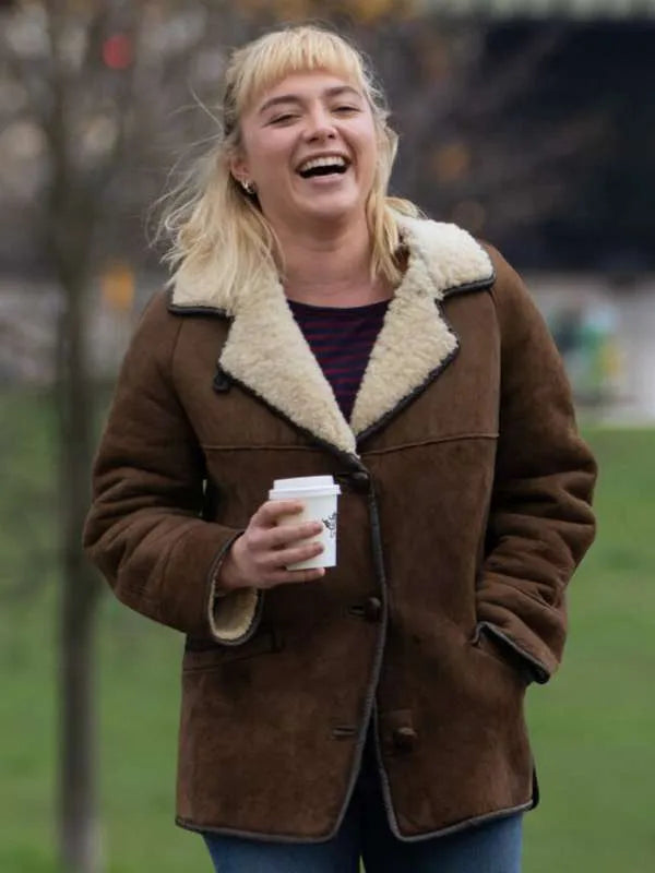 We Live in Time 2024 Florence Pugh Shearling Leather Jacket - California Jacket