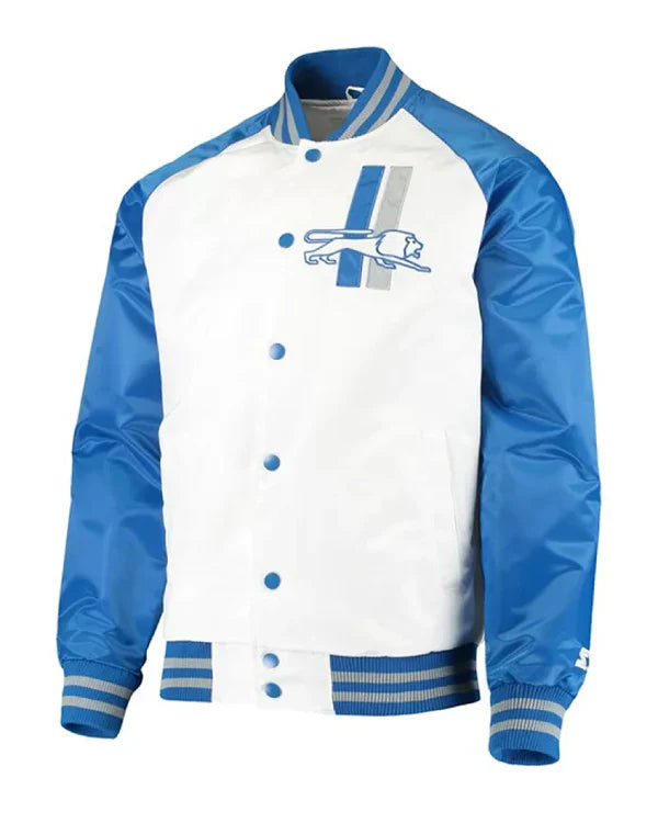 White/Blue Detroit Lions Clean Up Throwback Satin Jacket - California Jacket