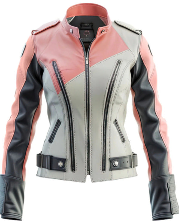 Women’s Ash Grey Pink Leather Bikers Jacket - California Jacket