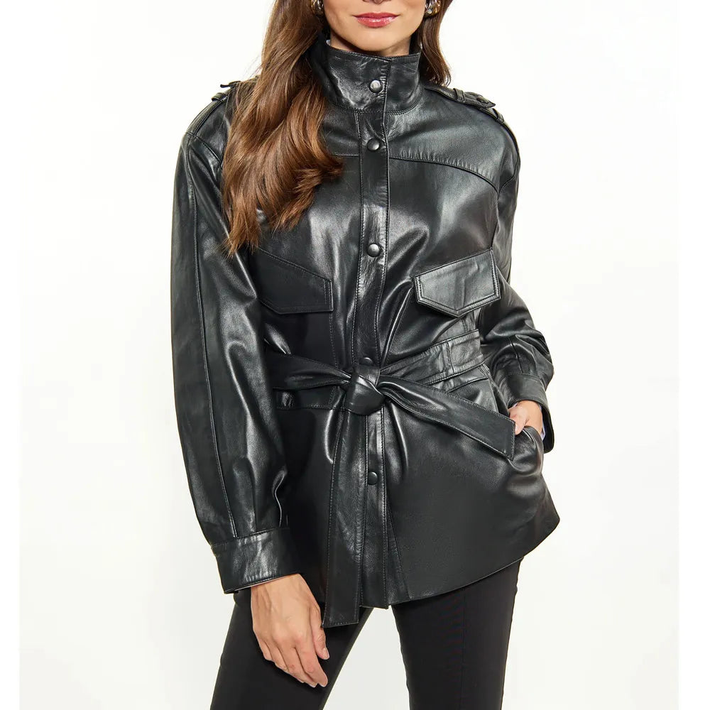 Women’s Red Long Belted Leather Jacket