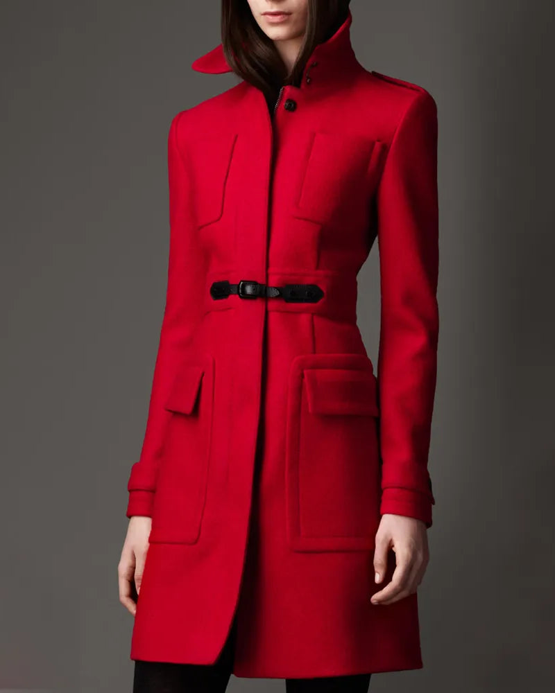 Women’s Military Buckle Detail Red Wool Coat - California Jacket