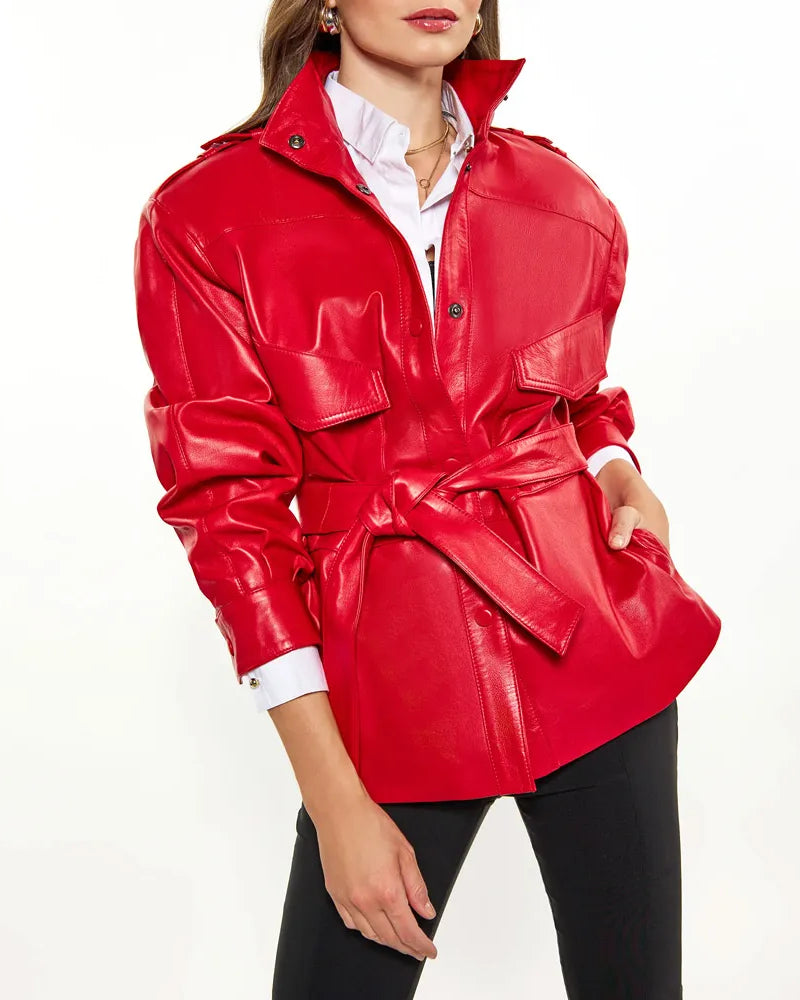 Women’s Red Long Belted Leather Jacket - California Jacket