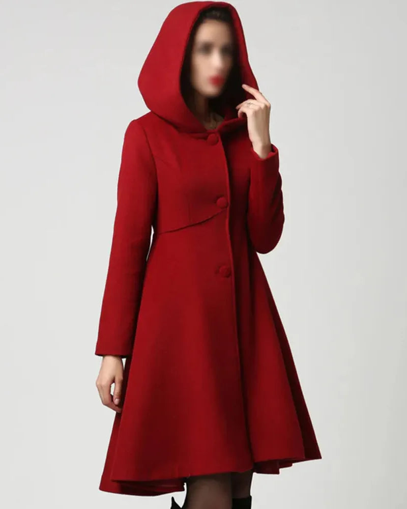 Women’s Red Wool Swing Coat with Hood - California Jacket